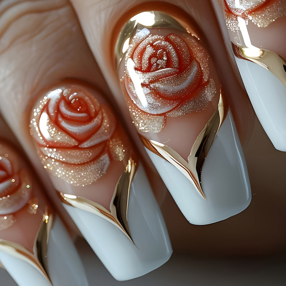 48pcs Bright Ballet Wind Pressure Acrylic Nails, Pink Flowers And Golden Stripe Design-Reusable, Ladies' Shiny Fake Nails Is Suitable As a Beautiful Gift for Each Other on Valentine'S Day.